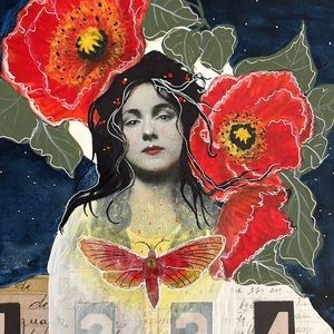Artist Alicia Tubbs signed multimedia artwork Goddess Moth Galaxy Poppy Poppies